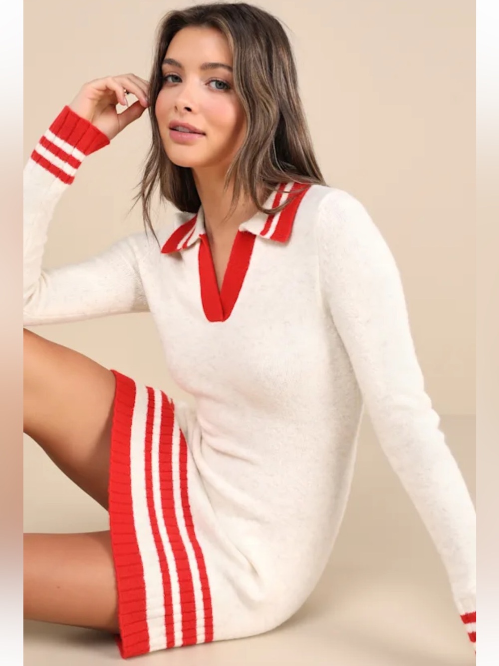 Lulus Soft Serenity Heather Ivory and Red Collared Sweater Mini Dress - Picture 3 of 9